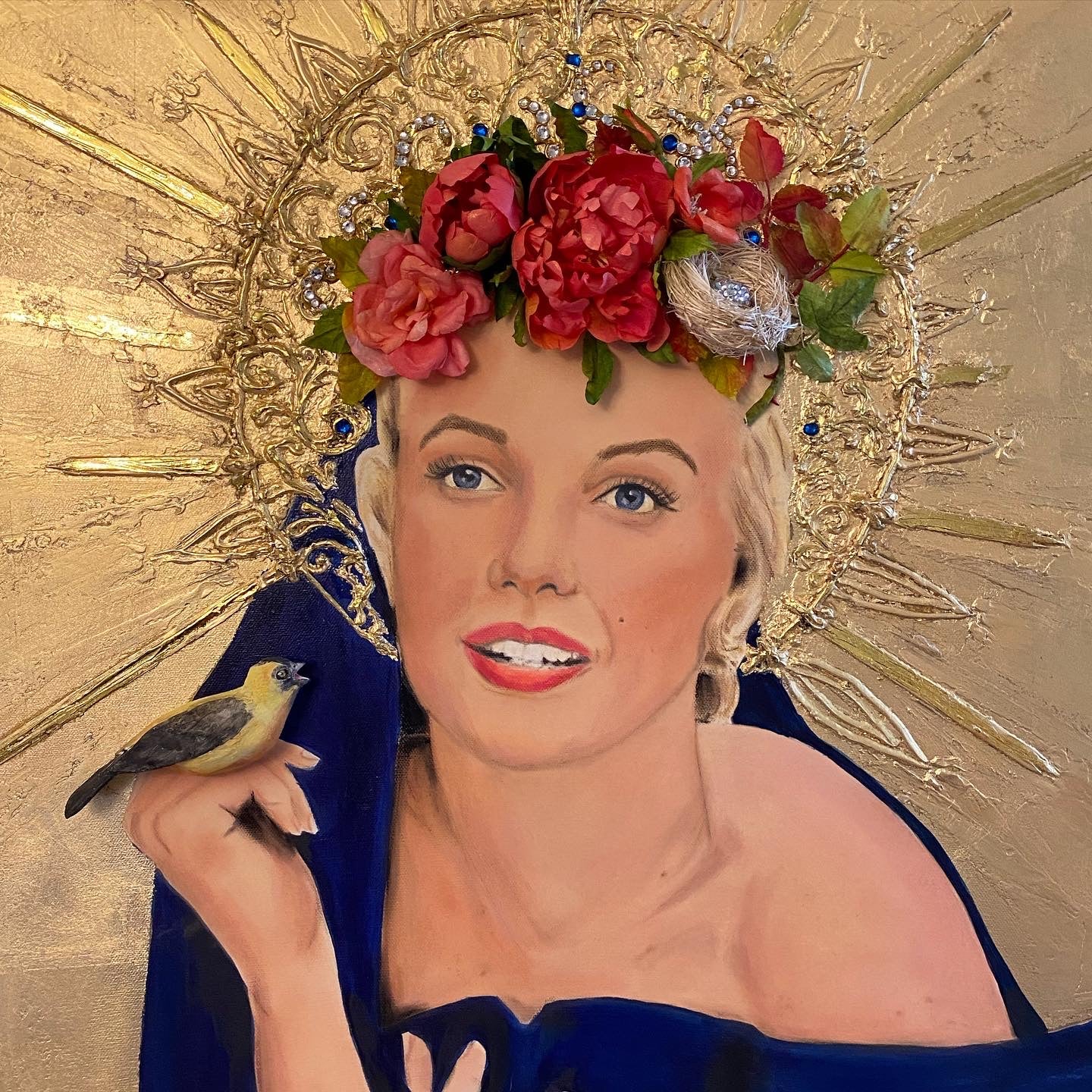Jennifer Benjamin portrait of Marilyn Monroe 3D paper flower headdress with nest and pave diamonds 3D paper bird