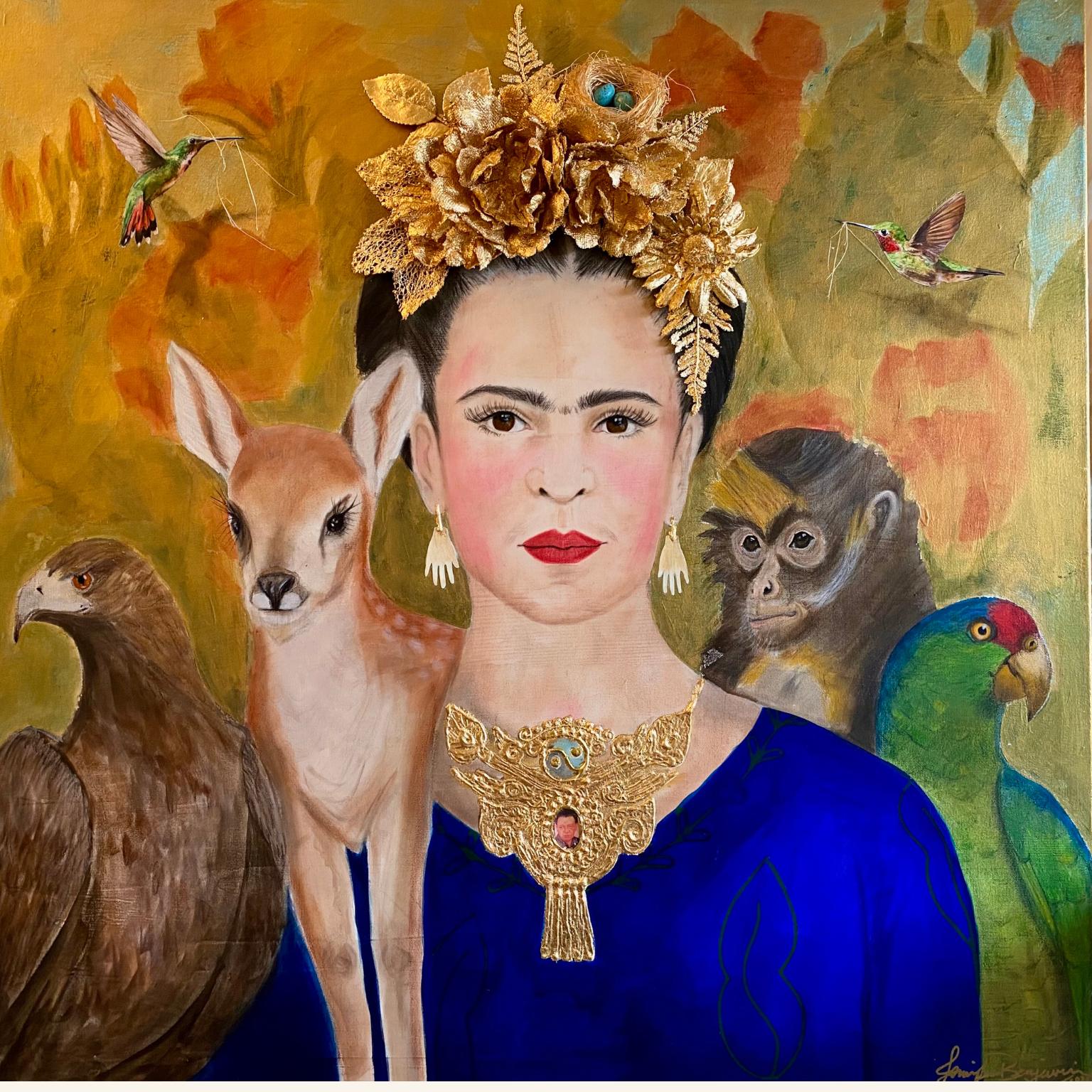 Jennifer Benjamin Portrait of Frida Kahlo wearing a 3D handmade headdress in gold leaf and surrounded by her animals.
