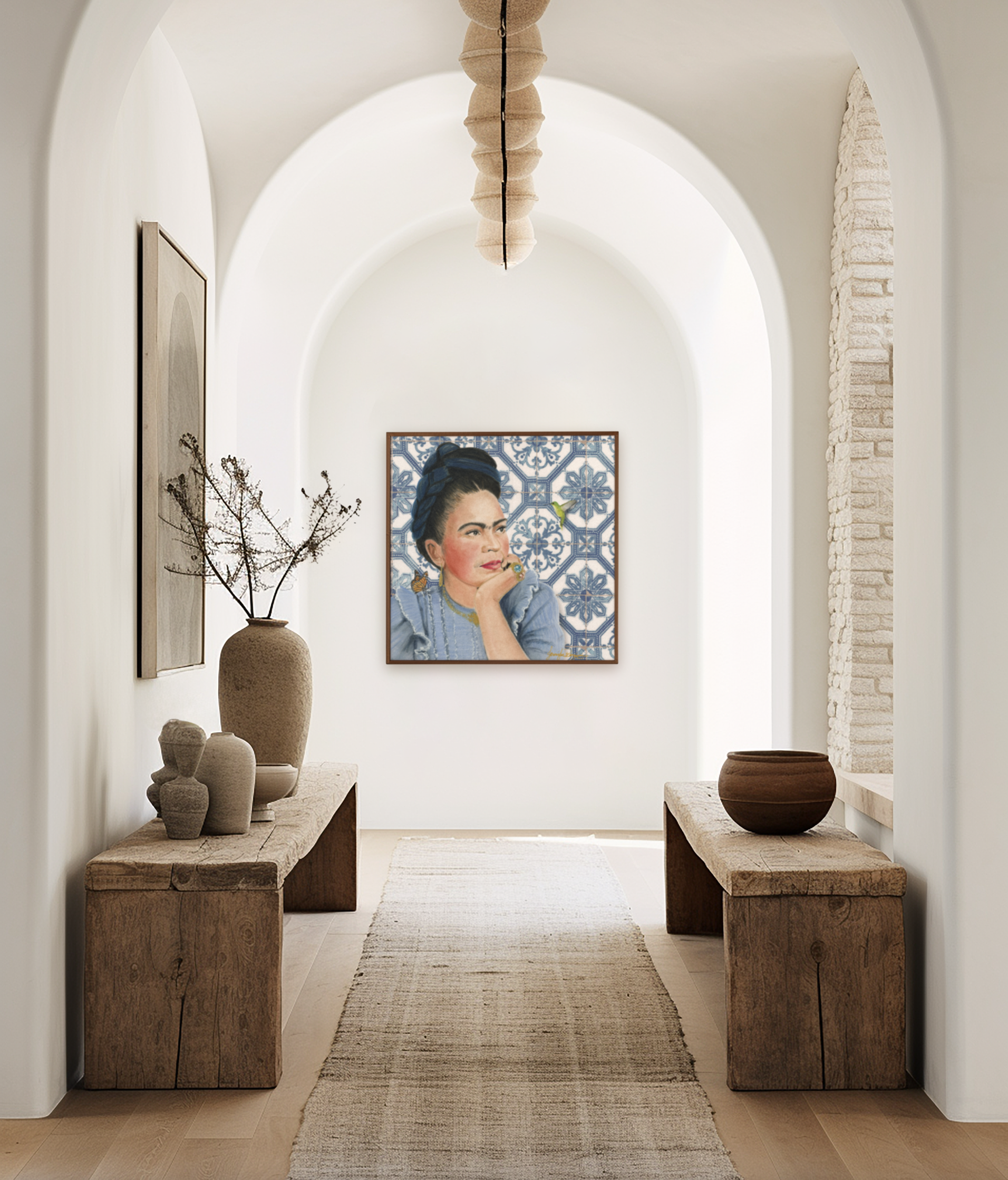Jennifer Benjamin's portrait of Frida square canvas azulejo tiles, hallway home