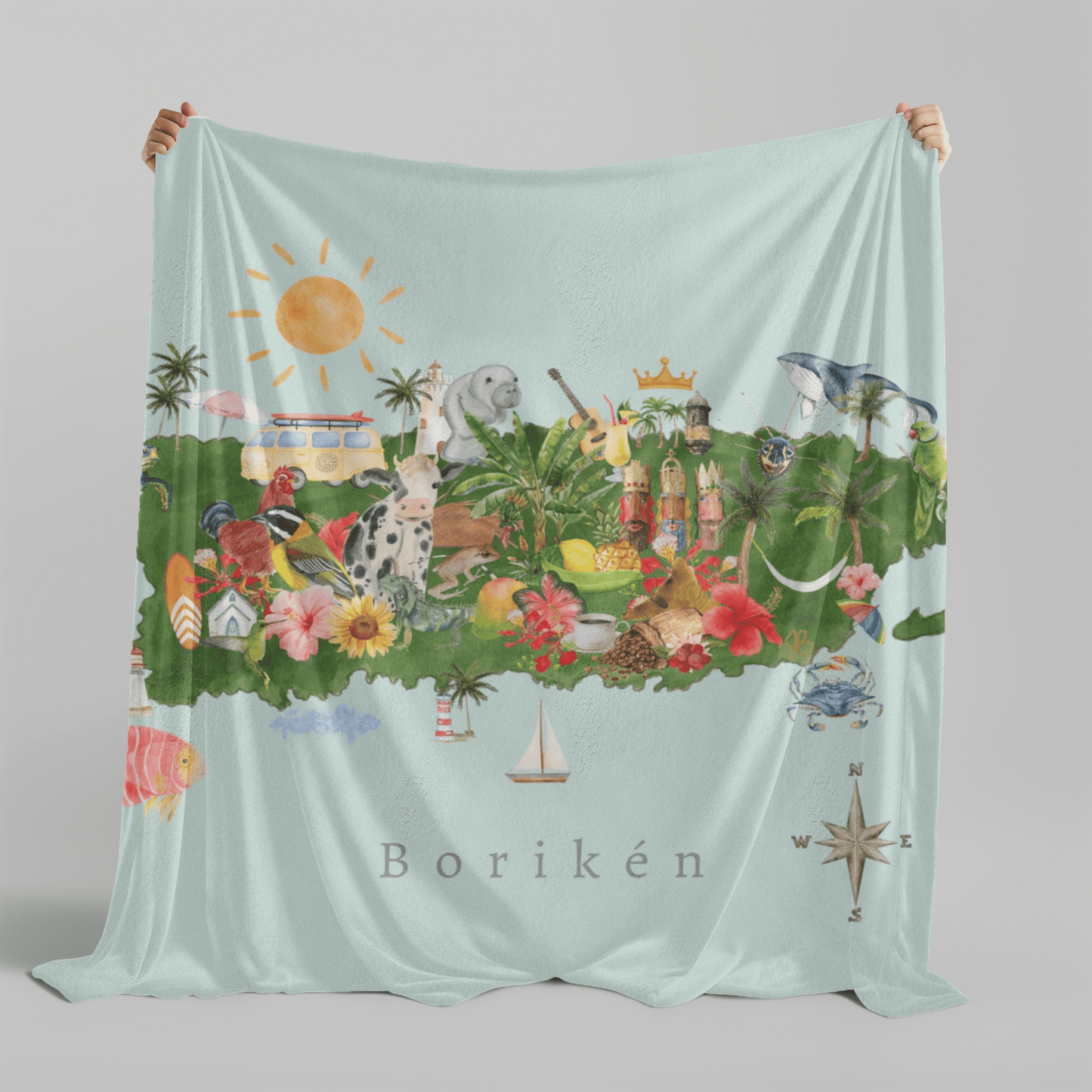 Puerto Rico- Borikén: Velveteen Plush Blanket in Sea-glass Green