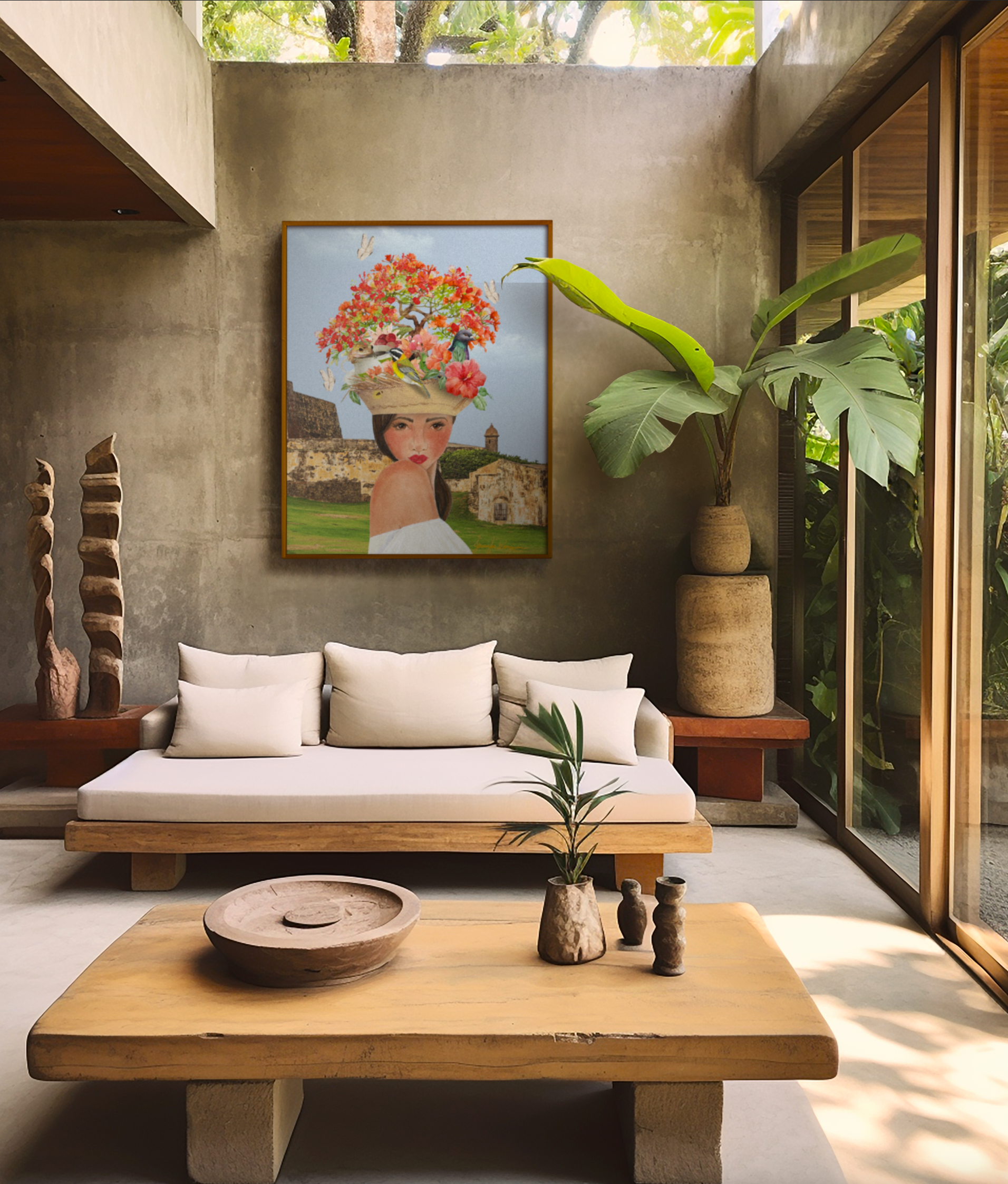 Jennifer Benjamin's wall art of Tropical Princess wearing Heritage Crown in homage to Viejo San Juan Puerto Rico pictured in a home